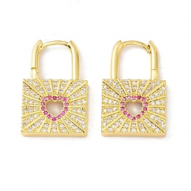 Pink Cubic Zirconia Heart Padlock Hoop Earrings, Rack Plating Brass Jewelry for Women, Cadmium Free & Lead Free