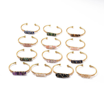 Bracelet manchette ouvert perlé triple colonne de pierres précieuses naturelles, bijoux en laiton enroulés pour femmes, or