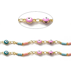 Brass Enamel Evil Eye Link Chains, with Colorful Glass Beaded, Soldered, with Spool