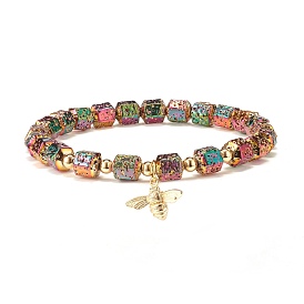 Natural Lava Rock Hexagon Beads Stretch Bracelets, Bee Shape Brass Charm Bracelet, Oil Diffuser Stone Bracelet for Women