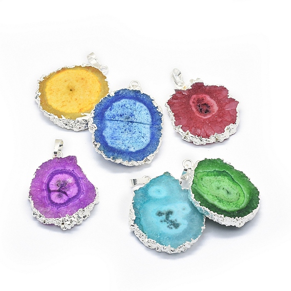 Electroplated Natural Agate Pendants, with Brass Findings, Dyed, Flat Round, Mixed Color