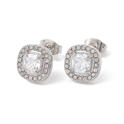 Boucles d'oreilles carrées zircone cubique et strass, 304 bijoux en acier inoxydable pour femmes