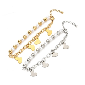 Bracelet de charme de coeur 201 en acier inoxydable, bracelet en perles de plastique avec 304 chaînes de câbles en acier inoxydable pour femmes
