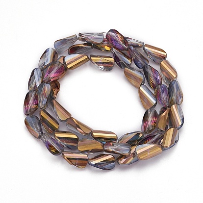 Electroplate Glass Beads Strands, Half Plated, Faceted, Twisted Teardrop