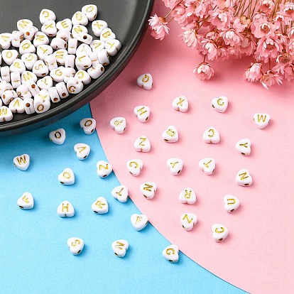 Opaque Acrylic Beads, Horizontal Hole, Metal Enlaced, Heart with Mixed Golden Letters