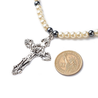 Jésus croix alliage pendentif colliers pour femmes hommes, colliers en hématite synthétique et perles de verre