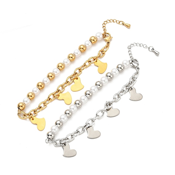 201 Stainless Steel Heart Charm Bracelet, Plastic Pearl Beaded Bracelet with 304 Stainless Steel Cable Chains for Women