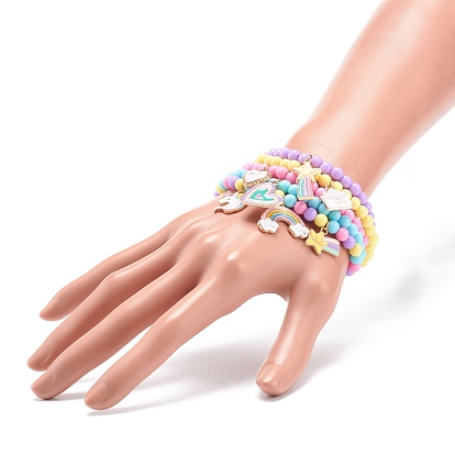 5 pcs 5 ensemble de bracelets extensibles en perles rondes acryliques de couleur bonbon, licorne et étoile et coeur et arc-en-ciel alliage émail bracelets à breloques pour femmes