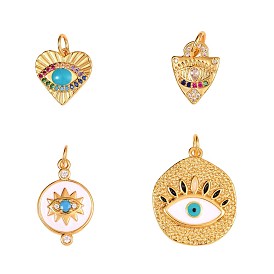4Pcs Flat Round Brass Eye Charm Pendant Mixed Shape Eye Charm Zircon Eye Charms Pendant for Jewelry Making