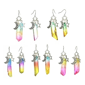 Dyed Natural Quartz Crystal Bullet Dangle Earrings, Moon & Star Alloy Long Drop Earrings