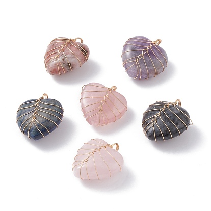 Natural Mixed Gemstone Pendants, with Real 18K Gold Plated Eco-Friendly Copper Wire, Heart