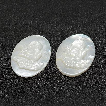 Shell Cameo Cabochons, Flat Oval with Angel