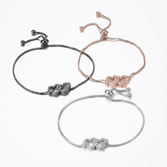 Adjustable Brass Micro Pave Cubic Zirconia Slider Bracelets, Bolo Bracelets, Interlocking Heart with Infinity