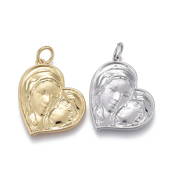 Brass Pendants, with Jump Rings, for Mother's Day, Long-Lasting Plated, Heart with Mother and Son