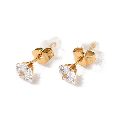 Clear Cubic Zirconia Heart with Enamel Pendant Necklace & Stud Earrings, Golden 304 Stainless Steel Jewelry Set for Women