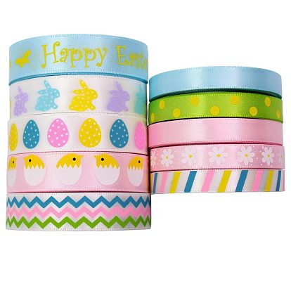 Easter Theme Polyester Satin Ribbon, Single Face Printed Ribbon, Flat with Rabbit/Egg/Wave/Stripe/Polka Dot/Chick/Flower/Word Pattern