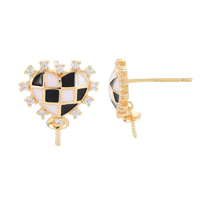 Brass Micro Pave Clear Cubic Zirconia Stud Earring Findings, with Enamel, for Half Drilled Beads, Nickel Free, Heart, Real 18K Gold Plated