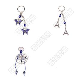 PandaHall Elite 5Pcs 5 Style Zinc Alloy Keychain, with Iron Key Rings, Glass Evil Eye Beads, Eiffel Tower & Butterfly & Round Ring with Tree of Life & Starfish & Tree