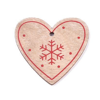 Poplar Wood Pendants, Heart with Snowflake, for Christmas, Dyed