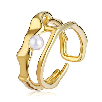 Double Row Irregular Geometric Ring Adjustable Stackable Cultured Pearls Open Rings Fashion Minimalist Double Circle Thumb Ring Jewelry for Women
