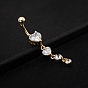 Réel 18 k plaqué or piercing bijoux en laiton zircon cubique coeur anneau de nombril anneau de nombril anneaux de ventre, avec 304 barre en acier inoxydable, 7~8x52mm