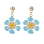 Glass Seed Braided Flower Dangle Stud Earrings, Golden 304 Stainless Steel Wire Wrap Jewelry for Women