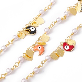 Handmade Eco-friendly Brass Enamel Moon with Evil Eye & Heart Charms Chain, with Glass Pearl Beaded, Real 18K Gold Plated, Lead Free & Cadmium Free, Soldered, with Spool