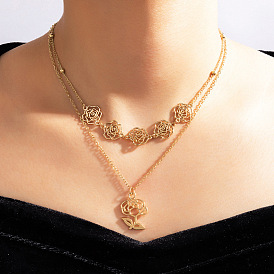 Rose Pendant Double Layer Necklace with Geometric Floral Cutout Multi-layer Chain
