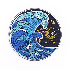 Ocean Wave with Moon/Whale Computerized Embroidery Cloth Iron on Patches, Stick On Patch, Costume Accessories, Appliques
