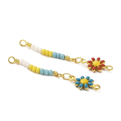 Glass Seed Beads Flower Links Connector Charms, with Rack Plating Real 18K Gold Plated Brass Enamel Findings