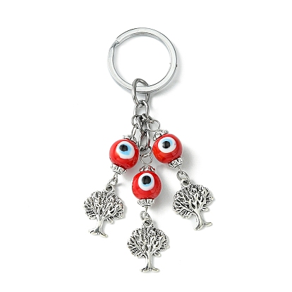 Porte-clés pendentif arbre de vie en alliage, avec des perles de lampe mauvais œil faites à la main et des porte-clés fendus