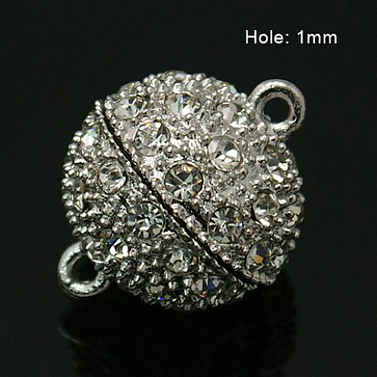 Alloy Magnetic Clasps with Loops, with Rhinestones, Grade A, Round, 21x15mm, Hole: 1mm