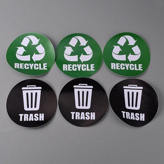 6Pcs 2 Styles PVC Garbage Recycle Trash sign stickers, Waterproof Garbage Classification Decals for Kitchen, Home Necessity, Round