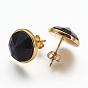 Gemstone Ear Studs, with Brass Findings, Golden, Flat Round
