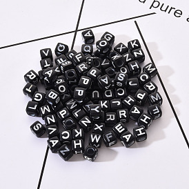 Black Craft Acrylic Letter Beads, Cube with White Mixed Letter