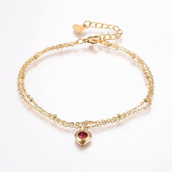 304 Stainless Steel Cable Chain Bracelets, Multi-strand Bracelets, with Rhinestone, Lobster Claw Clasps, Heart, Golden