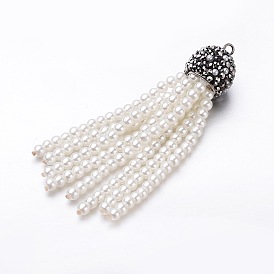 Pompon verre perlé gros pendentifs, avec strass argile polymère et les accessoires en laiton de tonalité de platine, 68x14mm, Trou: 1.8mm