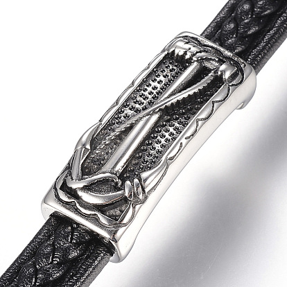 Men's Braided Leather Cord Bracelets, with 304 Stainless Steel Findings and Magnetic Clasps, Rectangle with Anchor