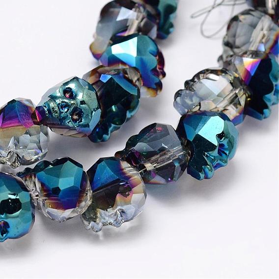 Faceted Skull Electroplate Glass Beads, Half Plated
