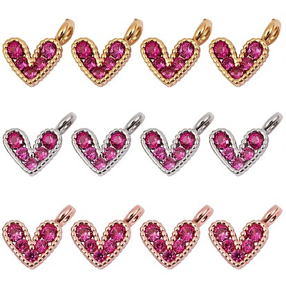 12Pcs 3 Colors Brass Micro Pave Cubic Zirconia Charms, Long-Lasting Plated, Lead Free & Nickel Free & Cadmium Free, Heart, Hot Pink
