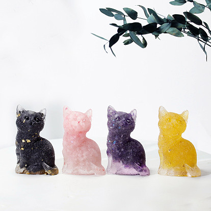 Decoraciones de exhibición artesanales de resina y chips de piedras preciosas, estatuilla con forma de gato, para el hogar adorno de feng shui