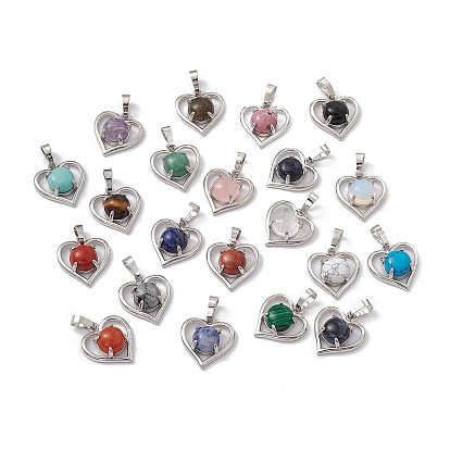Gemstone Pendants, Heart Charms, with Platinum Tone Brass Findings, Cadmium Free & Nickel Free & Lead Free