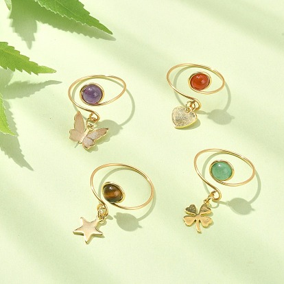 4Pcs 4 Style Natural Mixed Gemstone Open Cuff Rings Set, Copper Wire Wrap Rings with Brass Charms, Heart & Butterfly & Heart & Clover