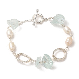 Brass Wire Wrapped Rectangle Link Bracelet, with Natural Pearl & Quartz Crystal Chips Beaded