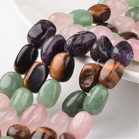 Nuggets pierre naturelle mixte rangées de perles, pierre tombée, aventurine verte & quartz rose & améthyste & oeil de tigre, 12~17x11~12x8~10mm, Trou: 1mm, environ 15.7 pouce