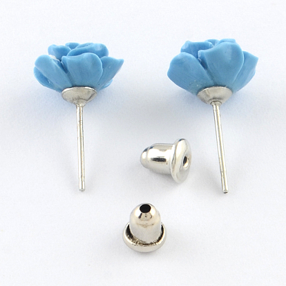 Synthetical Coral Flower Ear Studs, 10x10mm, Pin: 0.8mm, 12pairs/card