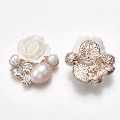 Cabochons en alliage, avec abs en plastique imitation perle, résine et strass acrylique, fleur