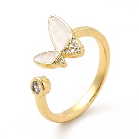 Mariposa de circonita cúbica transparente con anillo de puño abierto de esmalte, joyas de latón para mujer