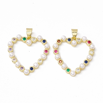Rack Plating Brass Micro Pave Colorful Cubic Zirconia Pendants, with Acrylic Bead, Long-Lasting Plated, Cadmium Free & Lead Free, Heart