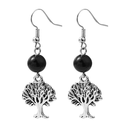 Fashion Tree of Life Earrings, with Tibetan Style Pendant, Glass Beads and Brass Earring Hook, 50mm